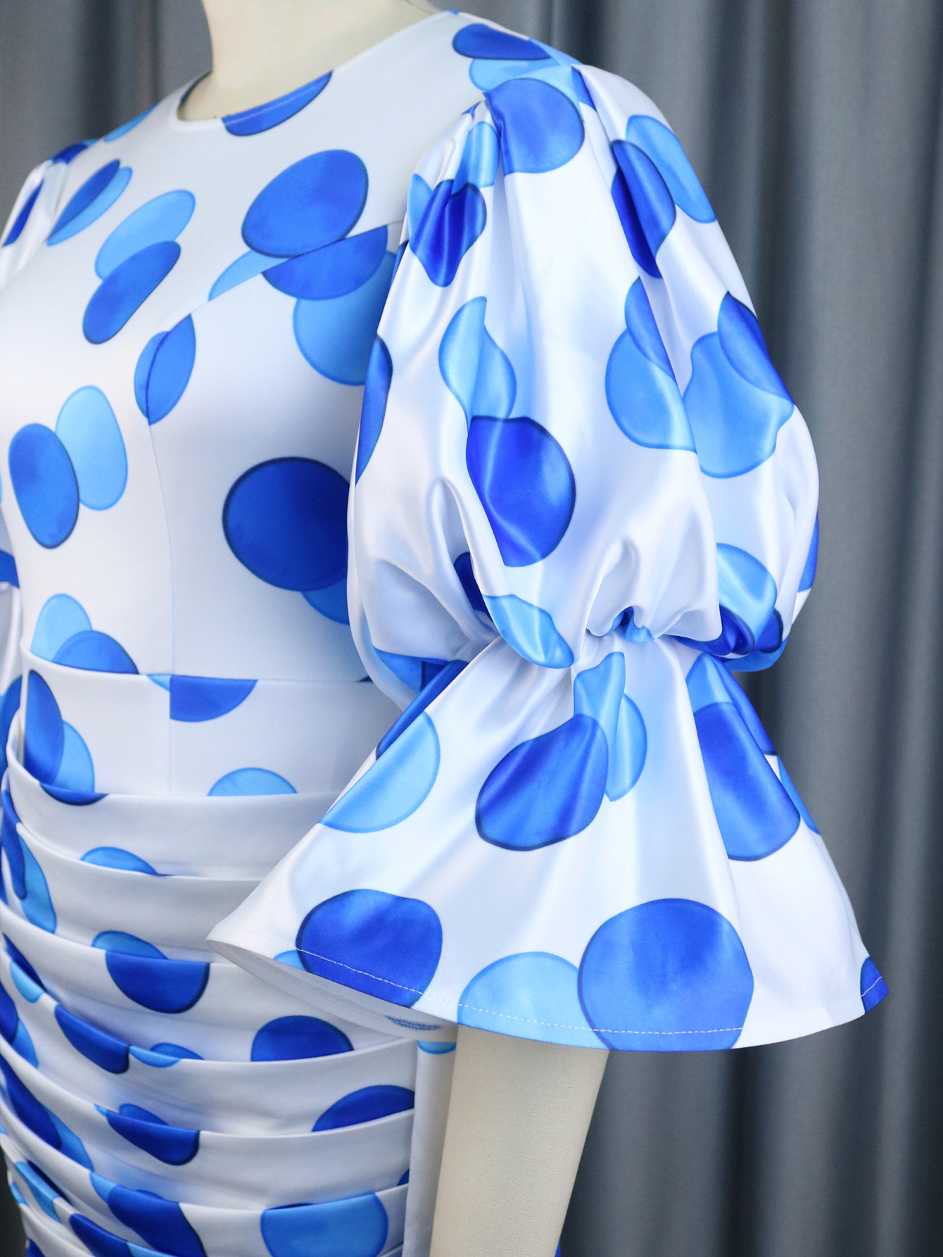 Casual Round Neck Flared Sleeves Dress Polka Dot Ribbon Pleated Hip Dresses