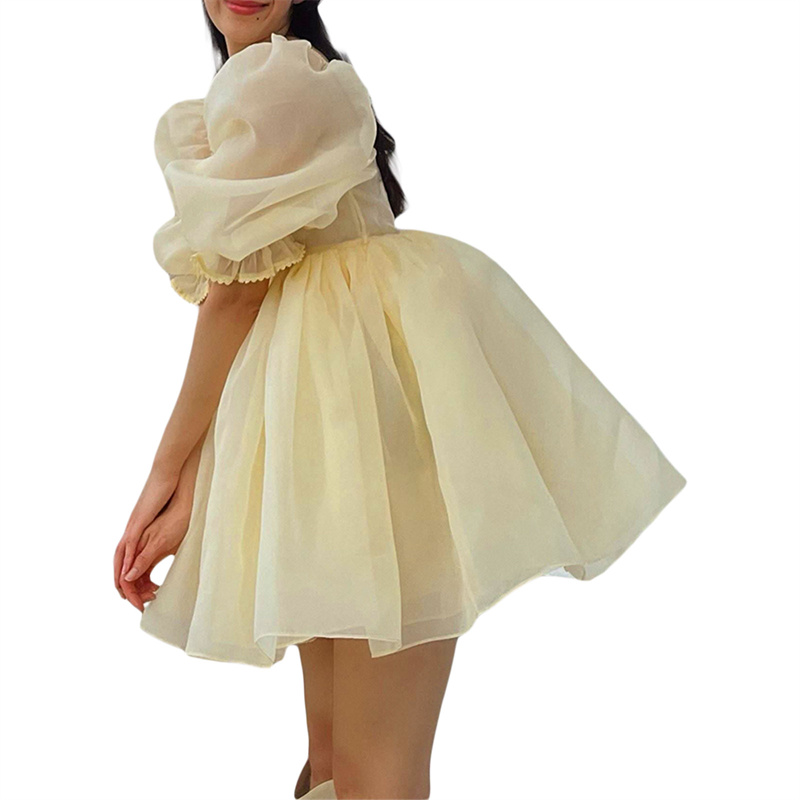 Puffy Dresses for Women y2k Aesthetic Solid Color Square Neck Bubble Sleeve Dress Sweet 2000s Party Dresses Streetwear