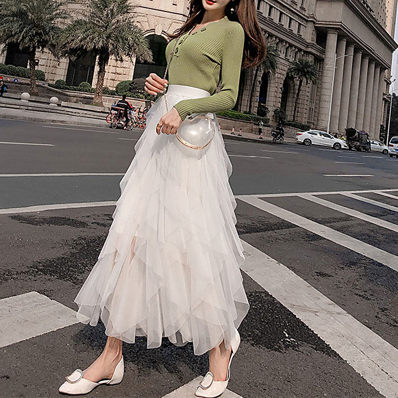 Autumn Winter Vintage Layered Tulle Skirt Women Elastic High Waist Mesh Skirts Long Pleated Tutu Skirt Jupe Longue