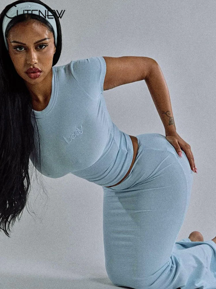 Casual Women Skirts Sets Concise Solid Short Sleeve O-neck Crop Tees+Matching Maxi Bottoms Female Trend Street 2 Piece