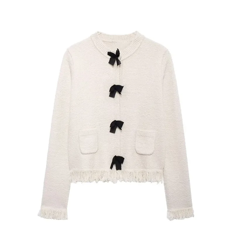 Fashion Tassel Knit Skirt Set Women Bow Buckle O-neck Long Sleeve Cardigan Sweater Mini Skirts Suit New in Matching Outfit