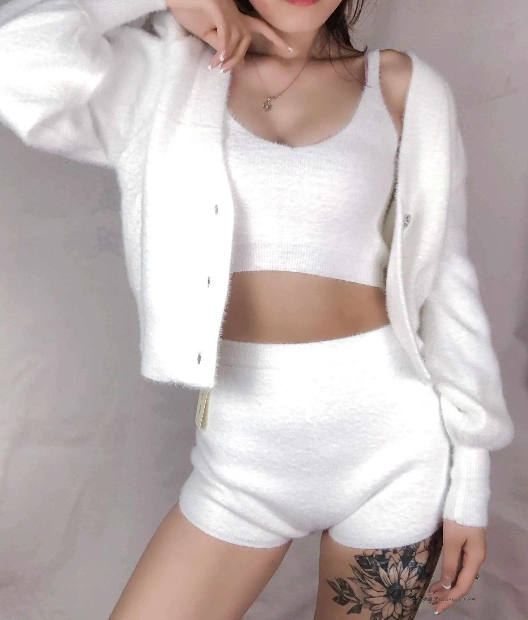 Women's 3-piece Set Korea Style White Cardigan Furry Single-breasted Button Tank Top Knitted Sweater Jumper Shorts Pants Set