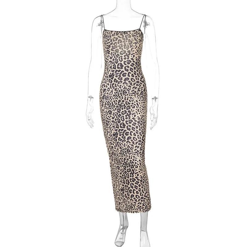 Leopard Print Spaghetti Backless Long Women'S Dresses Summer Elegant Evening Beach Vacation Dress Party Ladies Outfit