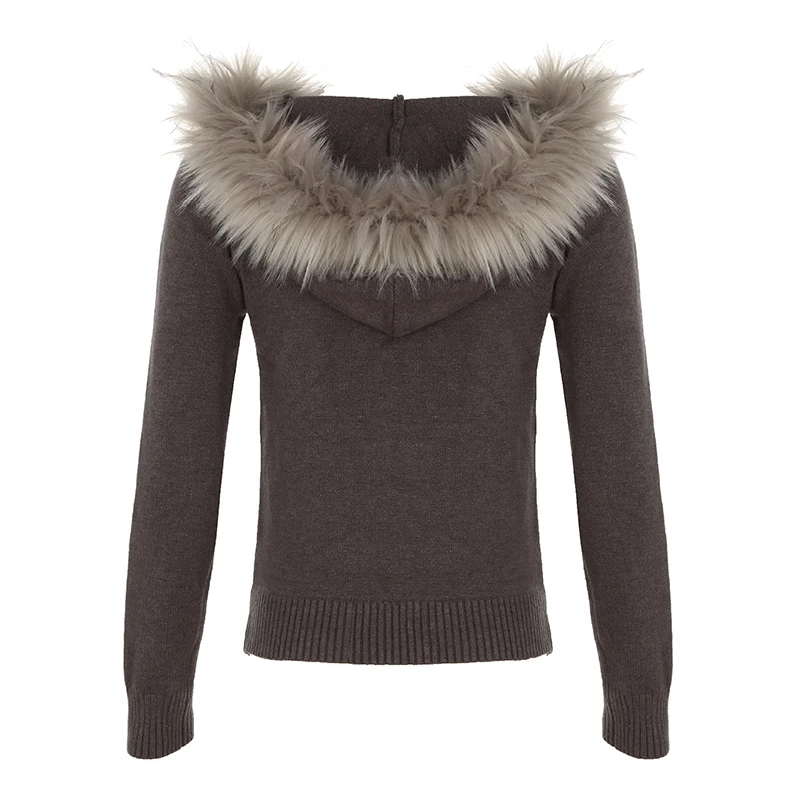 Women Fur Hooded Cardigan Fall Vintage Brown Knitted Zipper Coat Winter Street Outfits Korean Fashion Jacket 2000s