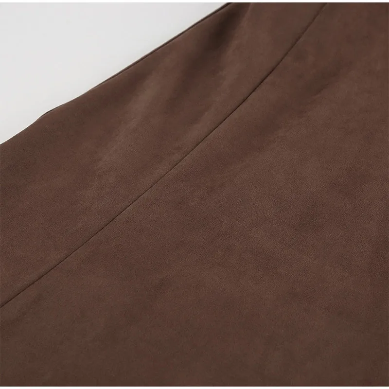 Vintage Suede Brown Skirts Women Fashion Pleated Slim Zipper Office Lady Skirts Elegant Female High Waist Party Wear New