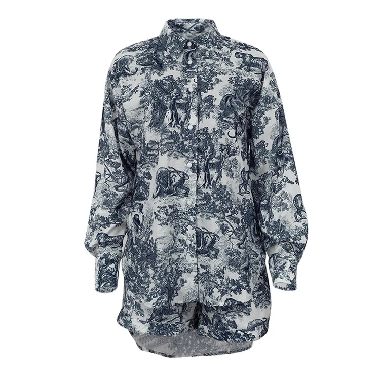 Retro Ink Shirt Three-piece Shorts Suit Women's Summer Casual Long Sleeve Button Print Fashion Shirt with Shorts Suit