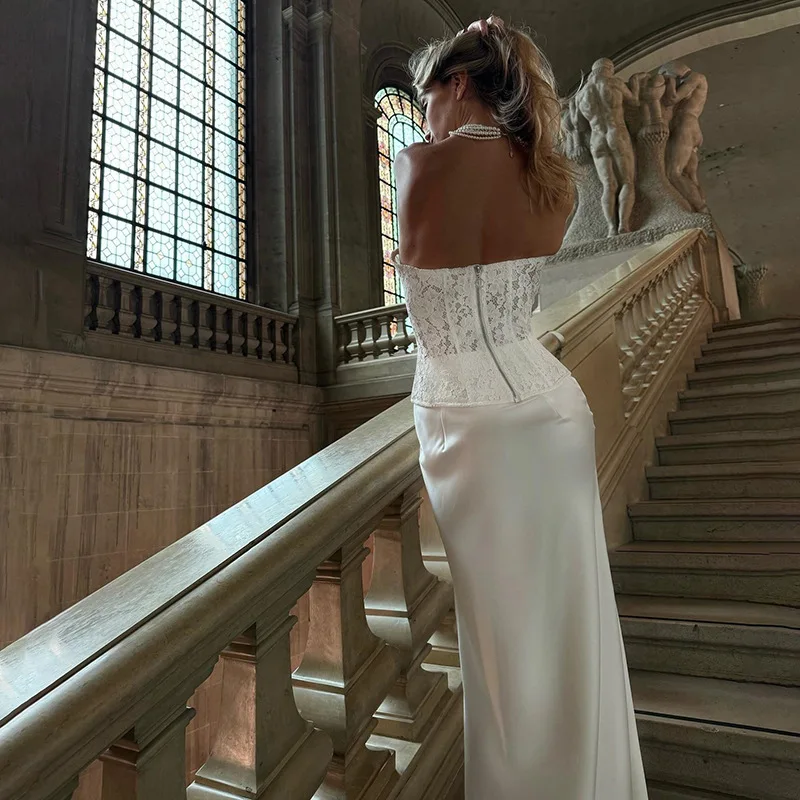 Women's Lace Dress Two Pieces Set Retro Strapless Fish Bones Top Solid Slim Skirt Suit Ladies Elegant Party Dress Sets