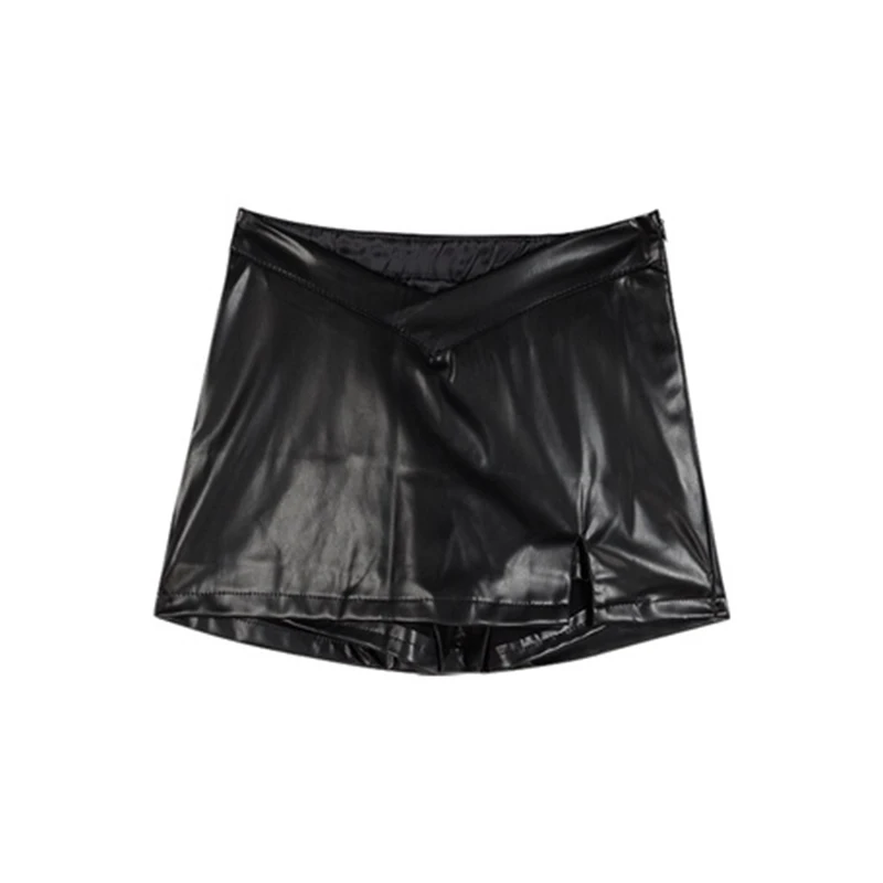 PU Leather Skirt y2k Clothes Women Solid Color Low Waist Side Slit A Line Mini Skirts Club Party Skirt Party Clubwear