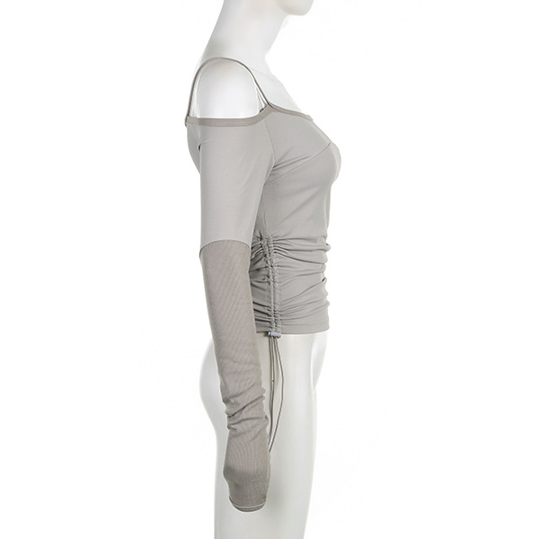 Sexy Single Shoulder Suspender Off Neck Long Sleeved T Shirt Women Solid Color Side Pleating Slim Fit Bottoming Top