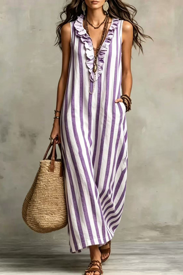 Fashionable Striped Print V-neck Ruffled Sleeveless Pockets Casual Midi Dress