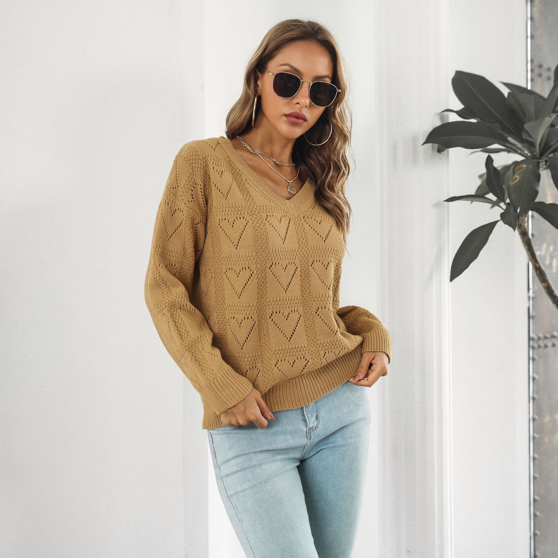 Hollow Out Cutout out Heart Plaid Sweater Women Loose Autumn Winter Long Sleeved Sweater Sweater