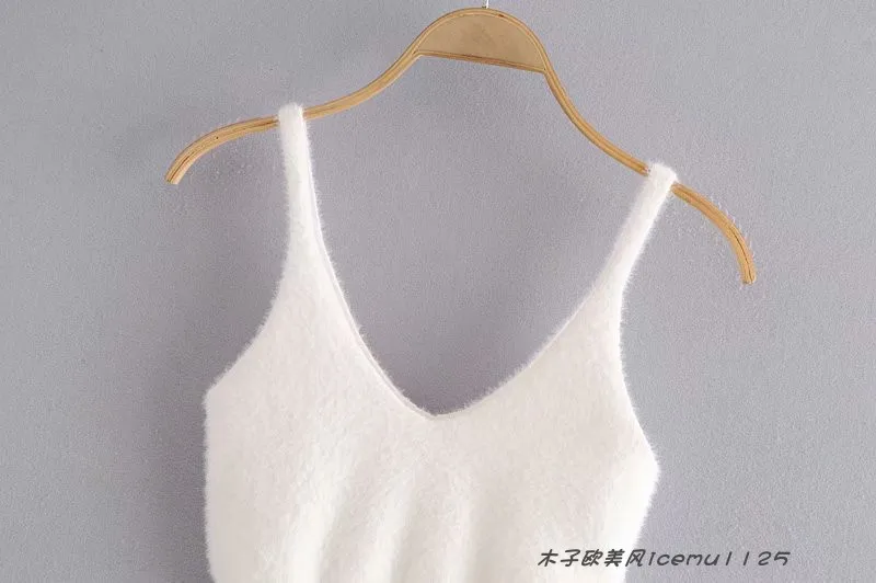 Women's 3-piece Set Korea Style White Cardigan Furry Single-breasted Button Tank Top Knitted Sweater Jumper Shorts Pants Set