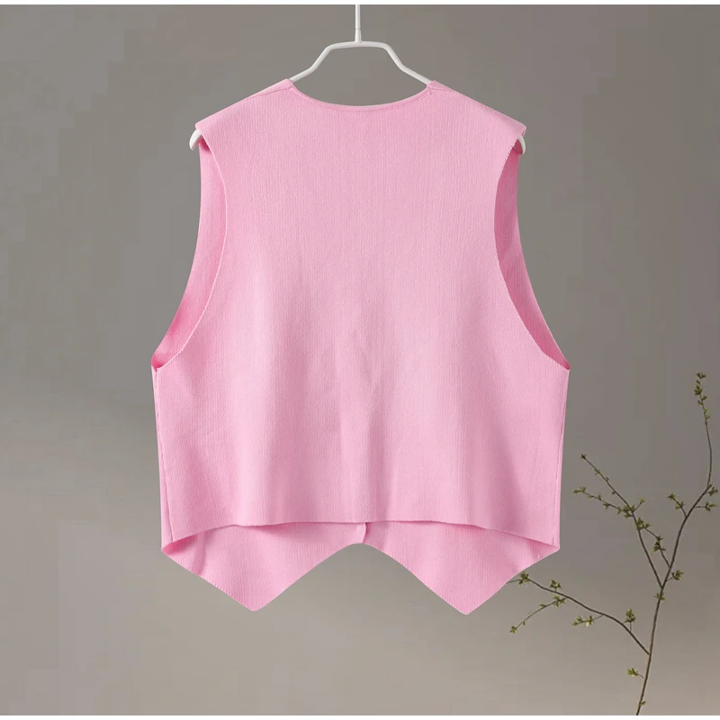 Elegant Knit Short Vest for Women V Neck Single Breasted Sleeveless Waistcoat Pink Top Female New Lady Classic Streetwear