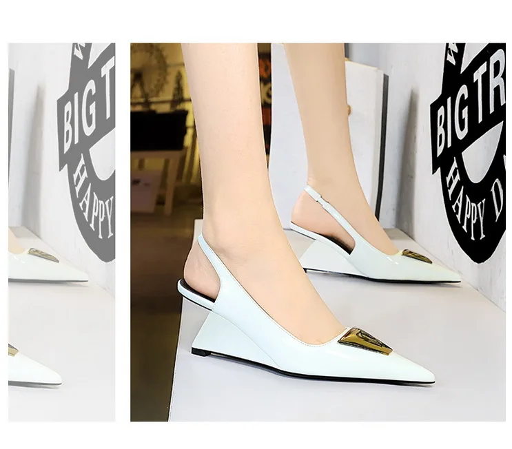 Patent Leather High Heels Wedges Shoes Lady Trendy Pumps Pointed Toe Hollow Back Strap 6.5 Cm Women Sandals White Heels Shoes