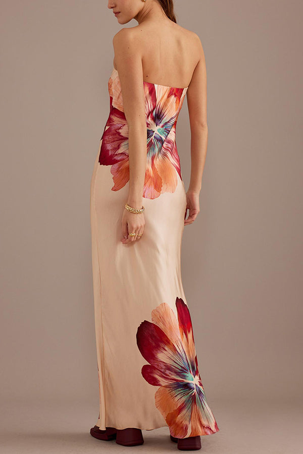 Charming ladies strapless waist cinching satin printed lace up loose long dress
