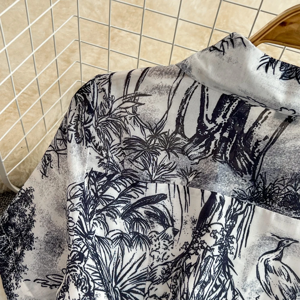 Summer Retro Shirt Dress Women Short Sleeved Lapel Single Breasted A-line Print Long Dresses Ladies Elegant Party Long Robe