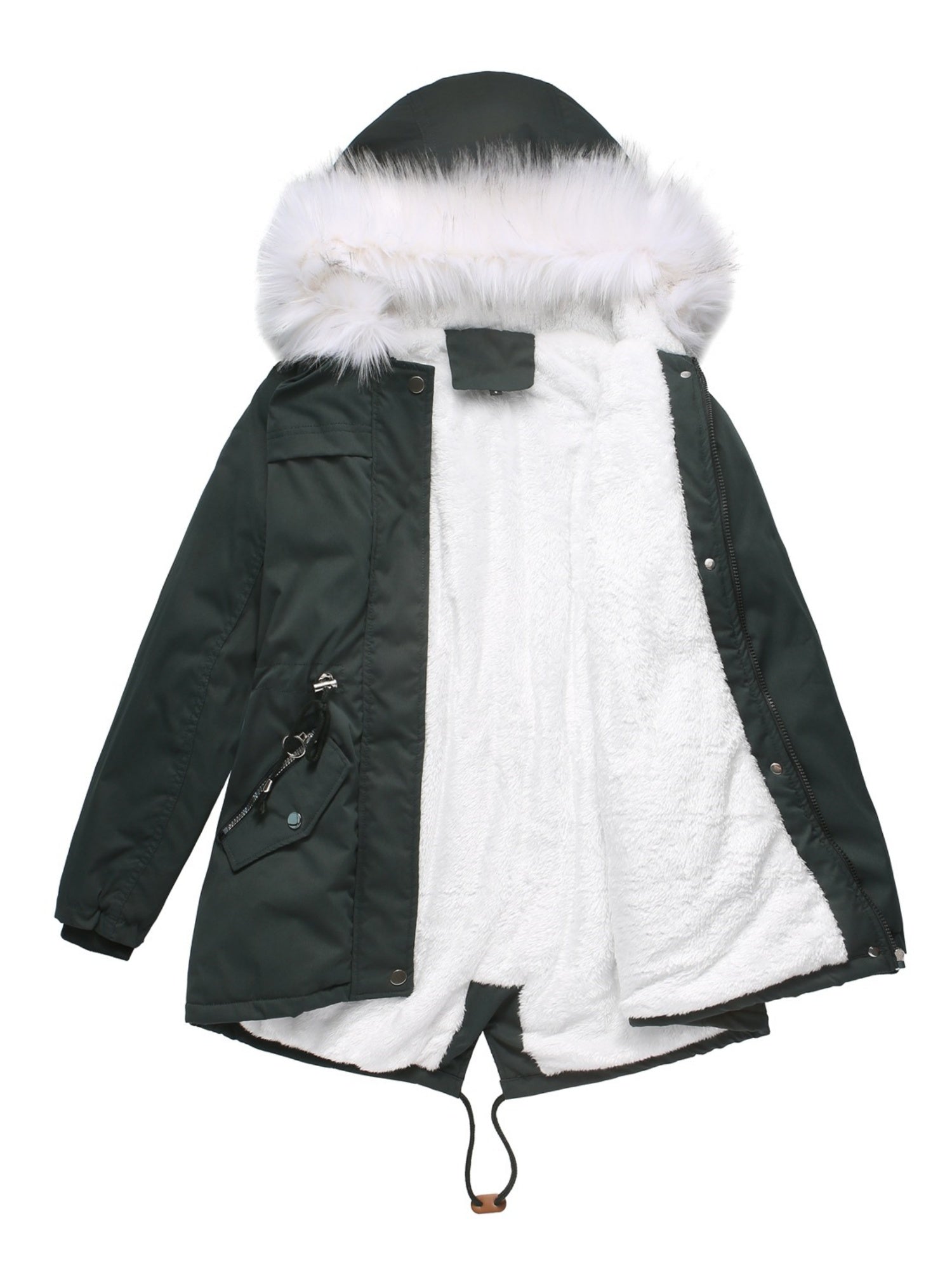 With Fur Collar Fleece Lined Hooded For Warmth Drawstring Pocket Down Jacket
