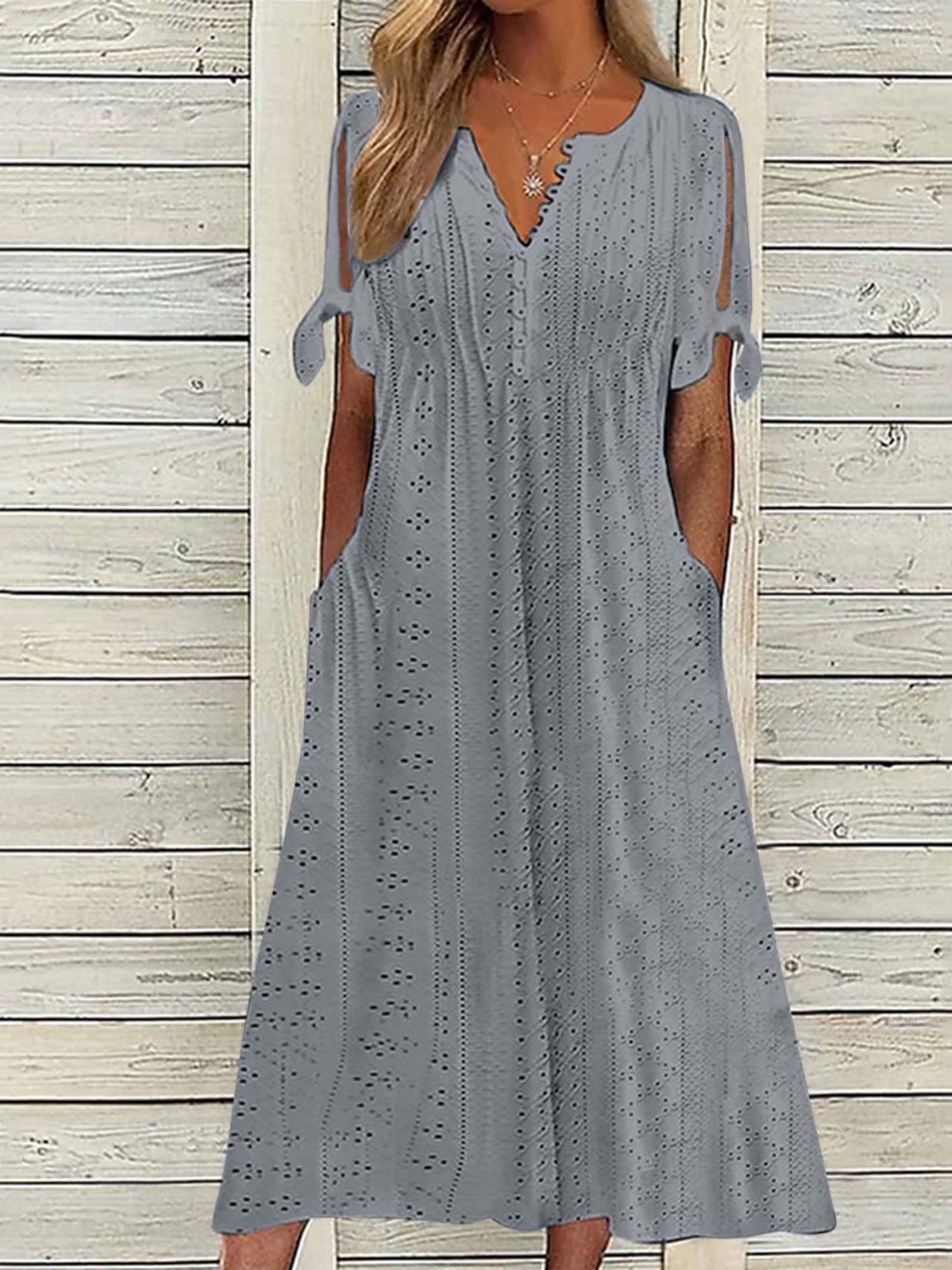 Hollow Out Off-shoulder V-neck Lace Ruffles Maxi Dresses