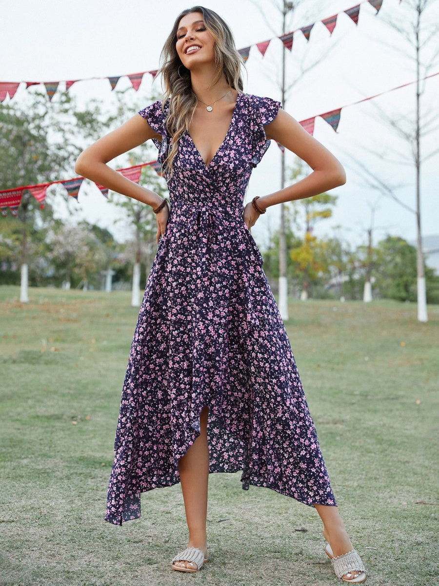 Wrap-up V-neck Bandage Asymmetrical Skirt Vacation And Leisure Maxi Dresses