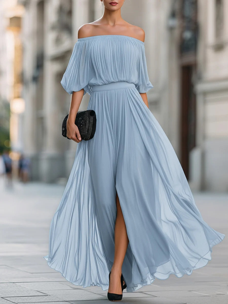 Off Shoulder Elegant Pleats Solid Color Slit Maxi Dresses