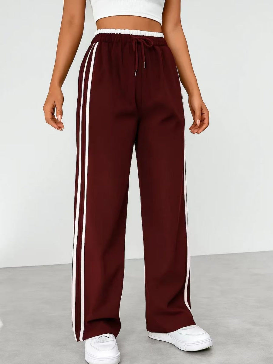 Drawstring High-waisted Wide-leg Pants Loose-fit Drape Sports Pants