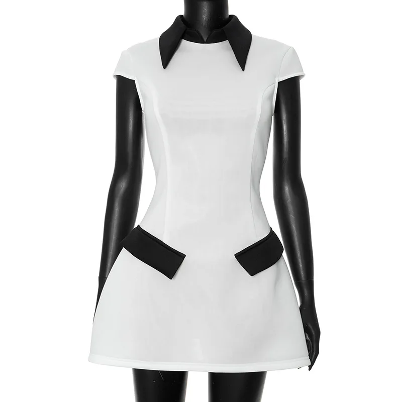 Summer Fashion Contrast Mini Dress For Women High Waist Patchwork Lapel Slim Elegant Dress Ladies Streetwear Mini Dress