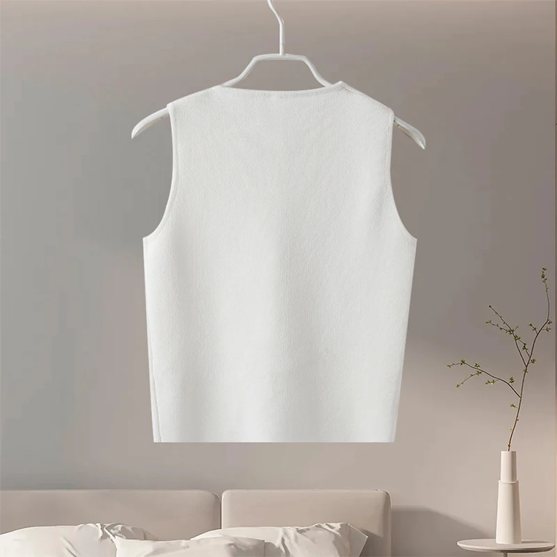 Fashion Knitted Vest Top for Women Short Sleeve V-neck Buttons Loose White Waistcoat Cardigan Female Autumn New in Outwears