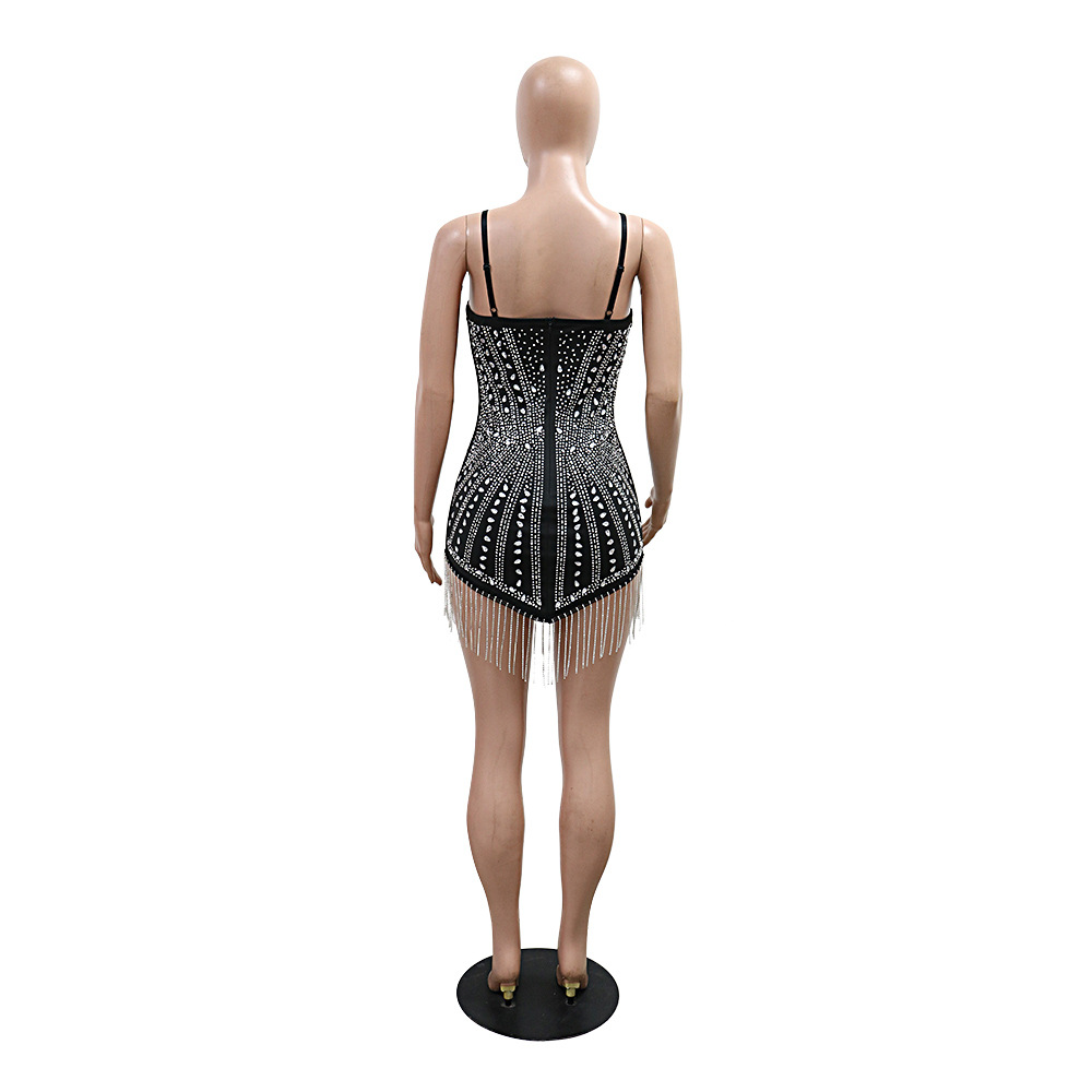 Suspenders Rhinestone Chain Terms Sexy Irregular Asymmetric Dress Women