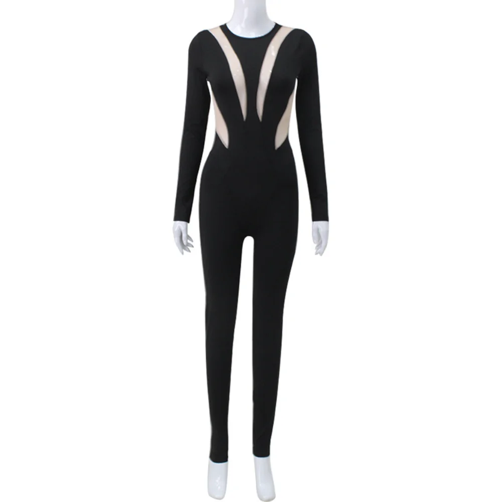 Mesh Stitching Jumpsuit Women Long Sleeve Bodycon One Piece See Through Monos Mujer Elegante Club Sexy Women's Playsuit