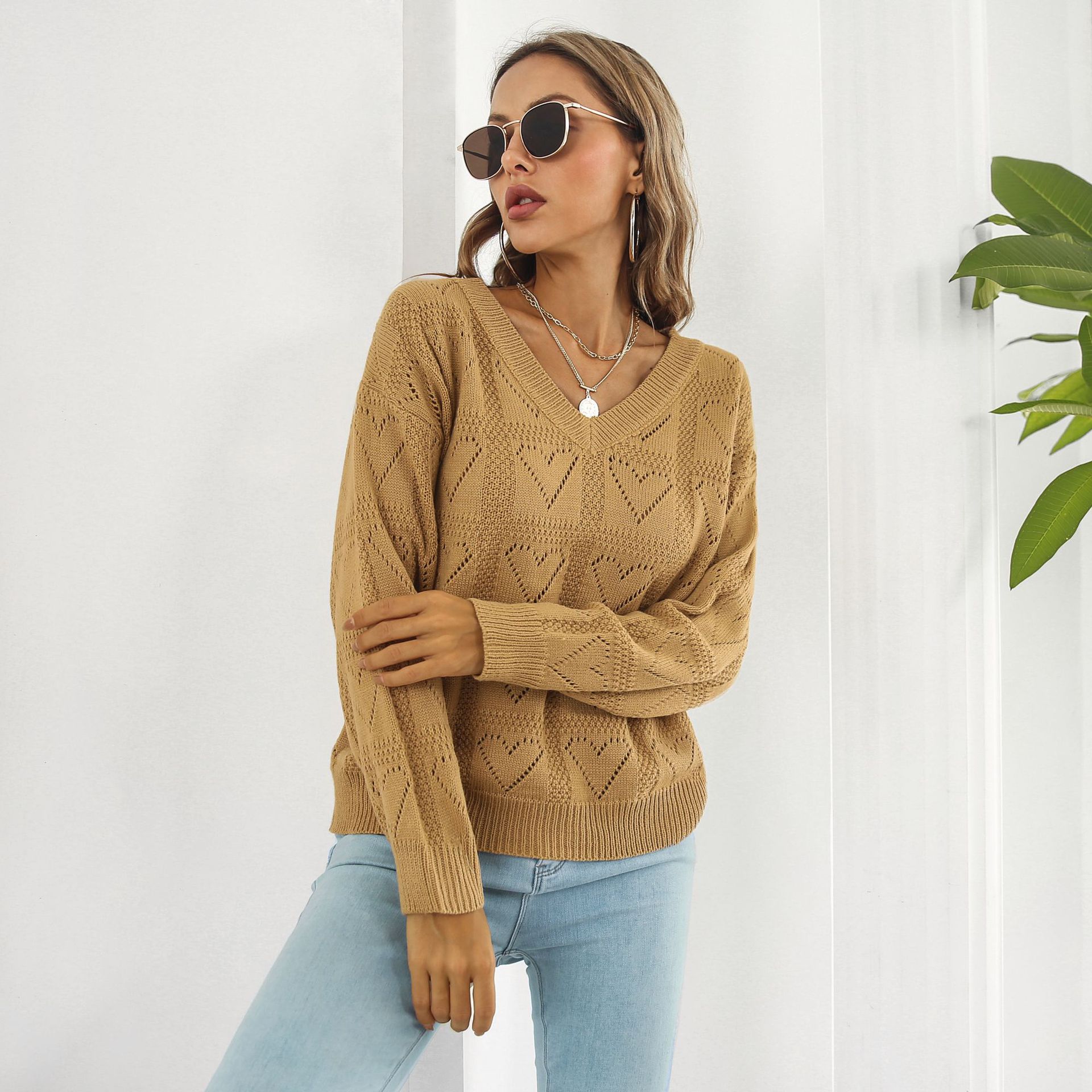 Hollow Out Cutout out Heart Plaid Sweater Women Loose Autumn Winter Long Sleeved Sweater Sweater
