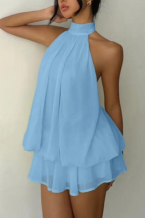 Fashionable Chiffon Halter Neck Backless Lace-up Casual Vacation Mini Dress