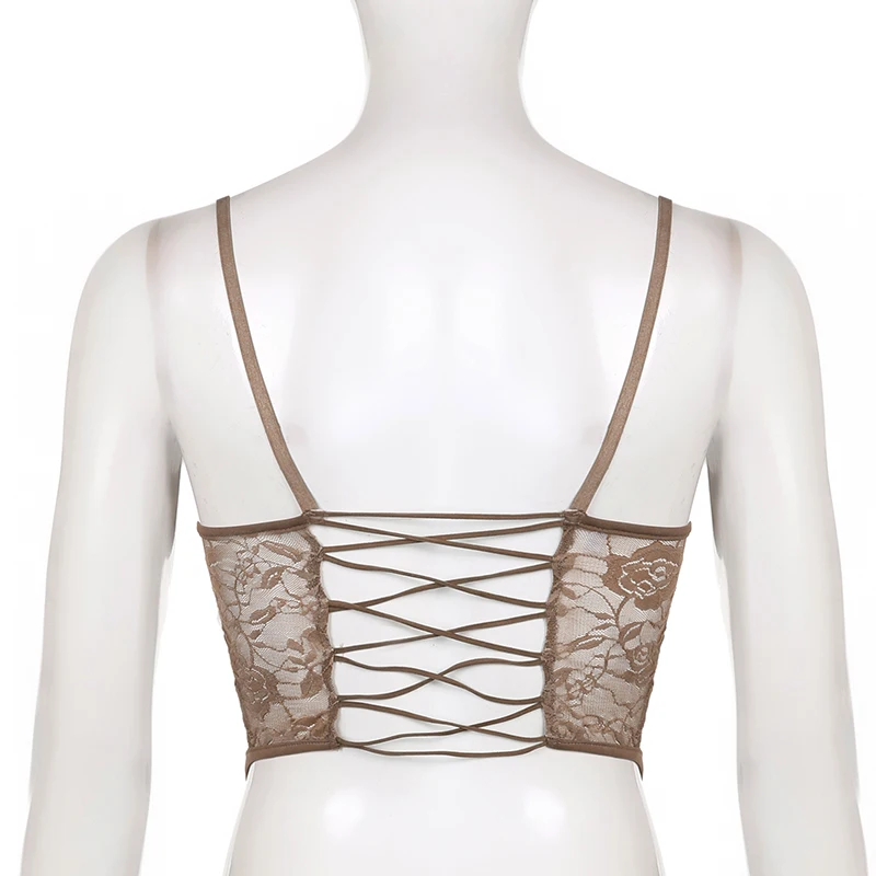 Sexy Women Camisole Backless Cross Bandage V Neck Lace Crop Top Aesthetic Ladies Tank Vest Y2K Sleeveless Clubwear