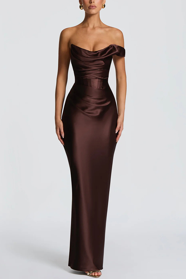 Thalassa Satin One Shoulder Scooped Neck Bias Cut Pleated Maxi Dress