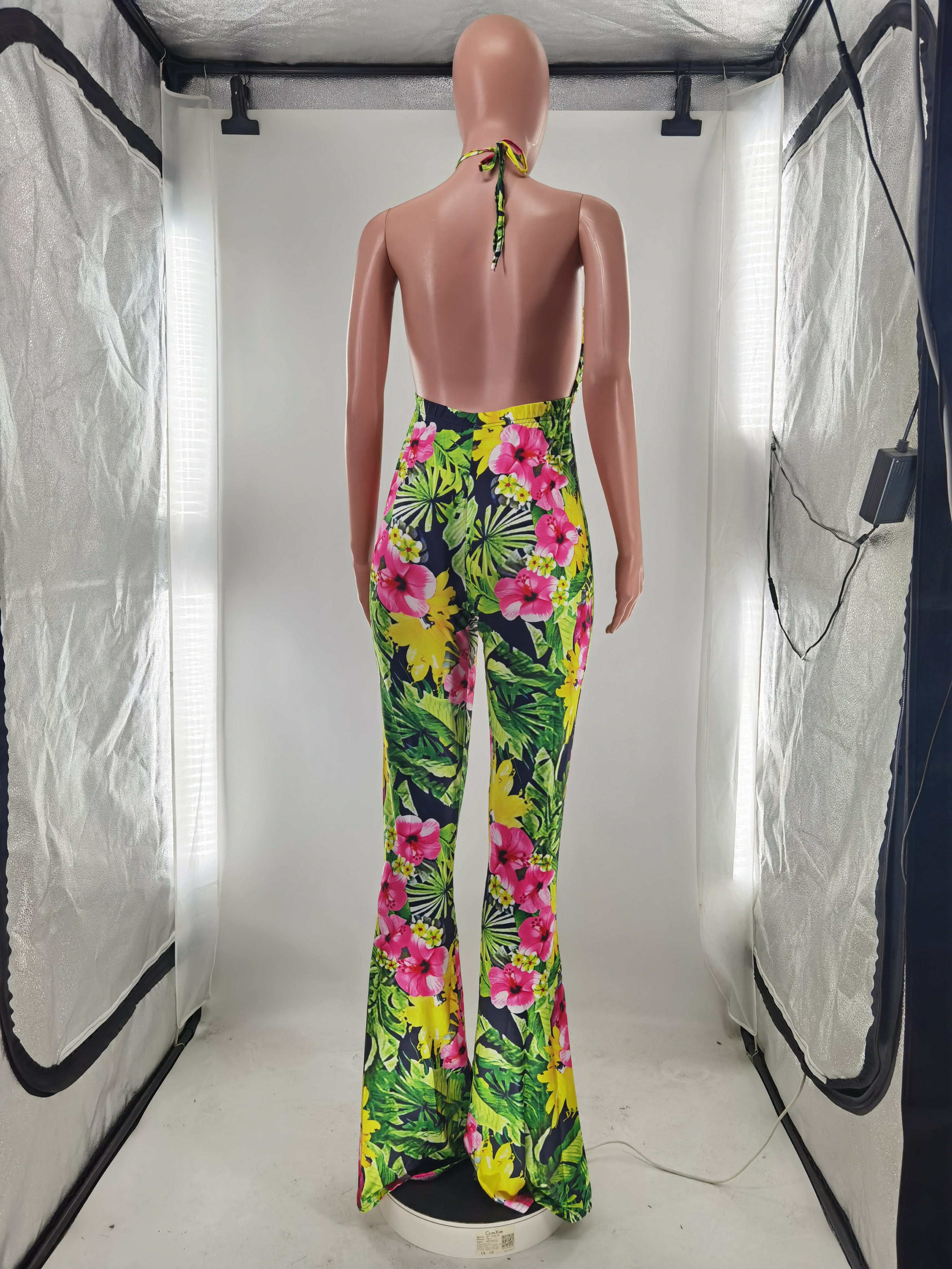 Sexy Strap Women Printed Bell Bottom Pants Jumpsuit