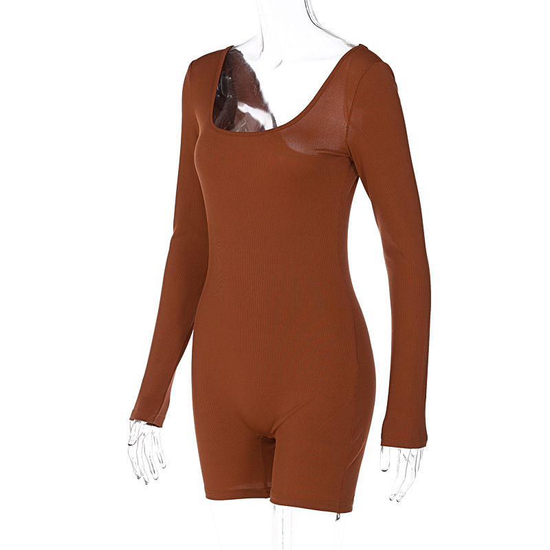 Women Clothing Winter Solid Color Rib U Neck Long Sleeved Slim Fit Hip Raise Sports Jumpsuit Women