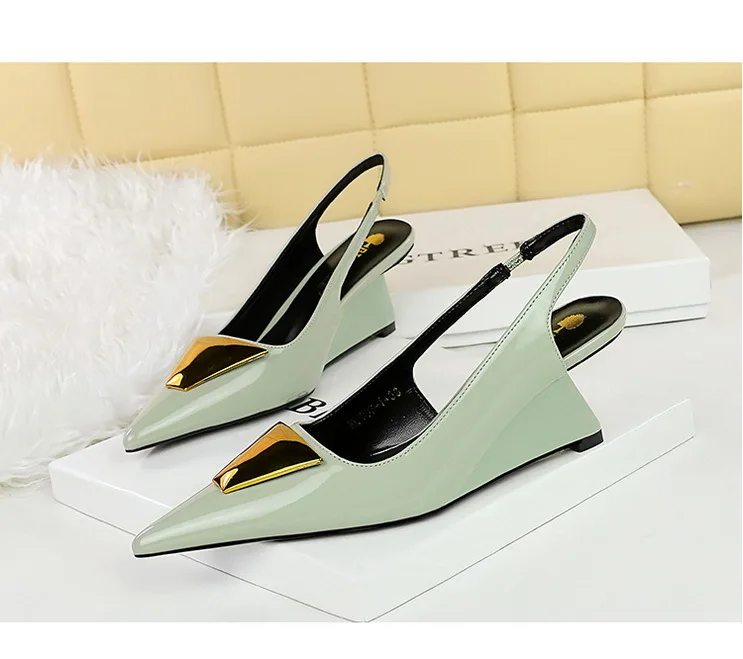 Patent Leather High Heels Wedges Shoes Lady Trendy Pumps Pointed Toe Hollow Back Strap 6.5 Cm Women Sandals White Heels Shoes