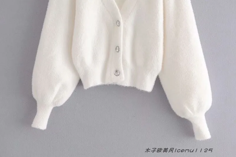Women's 3-piece Set Korea Style White Cardigan Furry Single-breasted Button Tank Top Knitted Sweater Jumper Shorts Pants Set