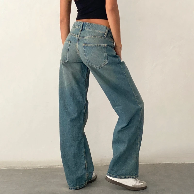 Women Y2K Wide Leg Denim Pants Baggy Low Waist Boyfriend Jeans Casual Vintage Loose Fit Jeans Trousers Cyber Grunge Streetwear