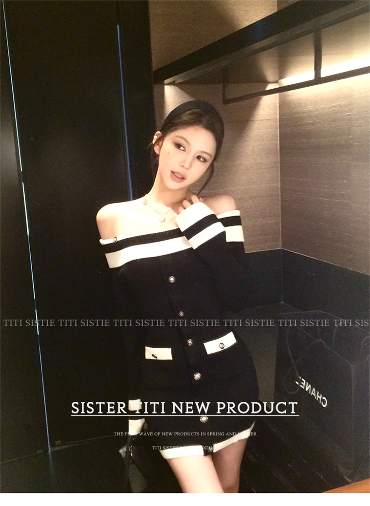 Elegant Slash Neck Knitted Dress Women Long Sleeve Bodycon Mini Dresses Korean Fashion Autumn Winter New Slim Casual Vestidos