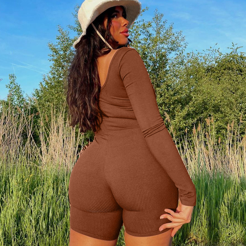Women Clothing Winter Solid Color Rib U Neck Long Sleeved Slim Fit Hip Raise Sports Jumpsuit Women