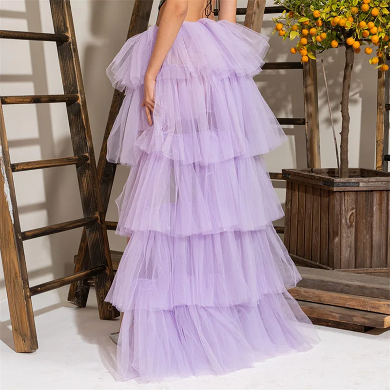 Tulle Skirts Women y2k Solid Color Elastic High Waist Asymmetrical Hem Long Skirts Summer Evening Party Skirt Clubwear