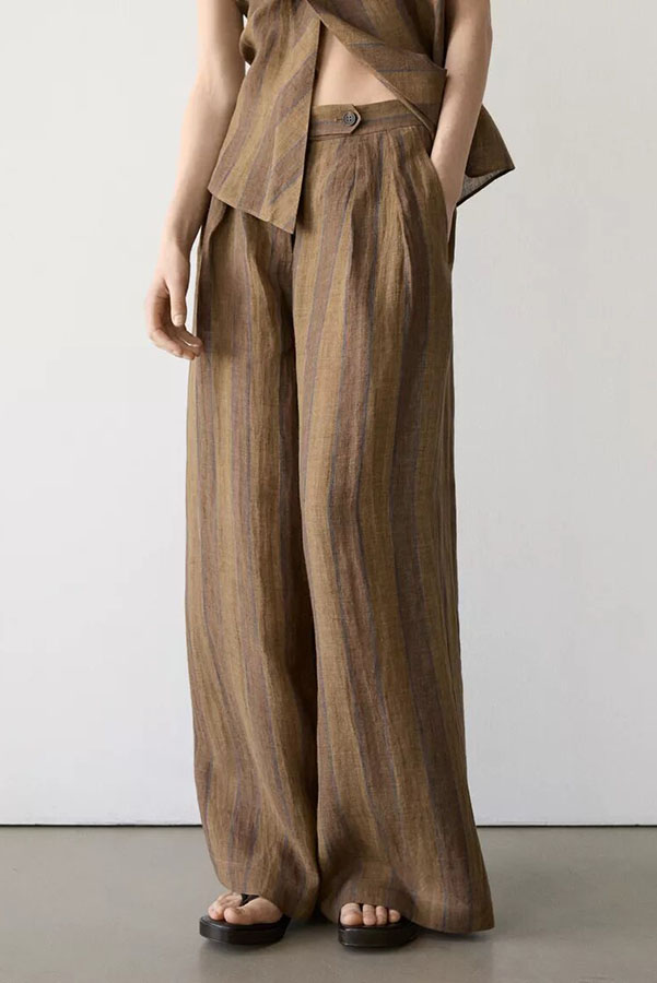 Aloof Style Striped Linen Blend Halter Vest and High Rise Button Pocket Wide Leg Pants Set