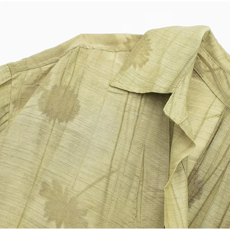 New Linen Tie-dye Print Long Pants Sets For Women Lapel Half Sleeve Single Breasted Shirts Drawstring Wide Leg Pant 2 Pieces Set