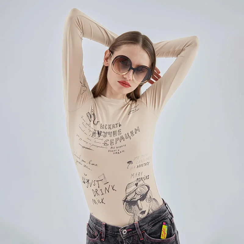 Bodycon Sexy Bodysuit Lingerie Letters Printing Crop Tops Women Y2k Clothes Long Sleeve One-pieces Body Feminino Skinny Bustier