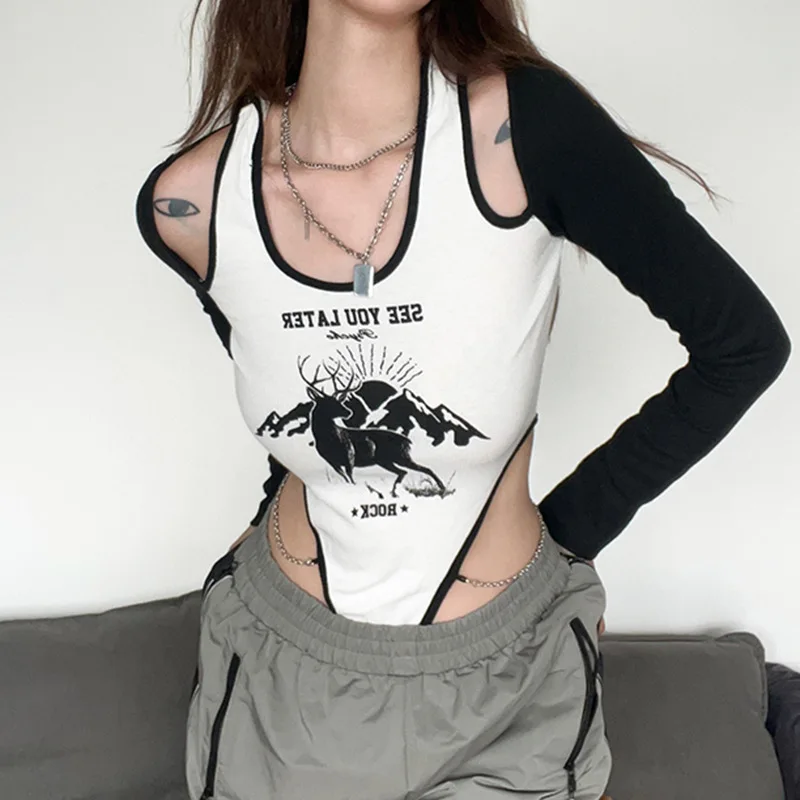 Print Bodysuit Off Shoulder Hooded Corset Tops Women Festival Clothing Lingerie Sexy One-Pieces Rave Outfit Chain Body Feminino
