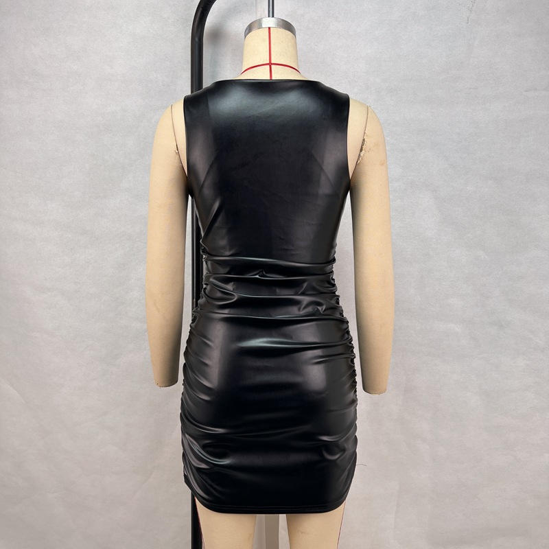 Slim Fit Sheath Dress Women Clothing Solid Color Sleeveless Pleated Waist Tight Slimming Leather Nightclub