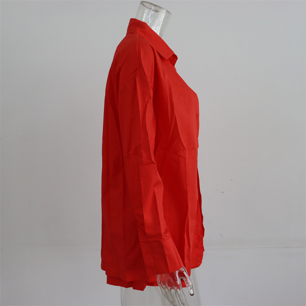 Spring Summer Two Piece Set Solid Color Single Breasted Long Sleeve Collared Shirt Shorts Loose Casual Set