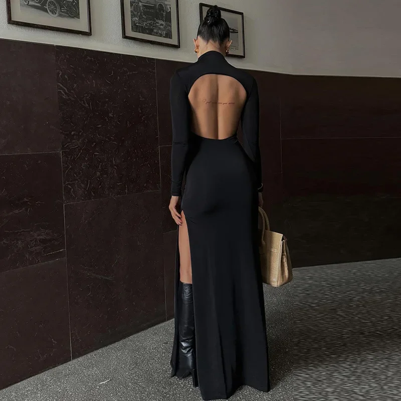 Side Slit Back Dress Women Sexy Backless Temperament Long Sleeve Dresses Lady Party Elegant Bodycon Evening Dress Woman