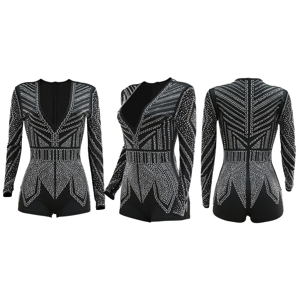 Sexy Deep V Plunge-neck See-through Polyester Mesh Long Sleeve Stitching Straight Slim Fit Bodysuit Women Clothing