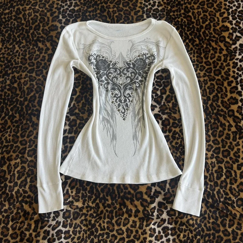 Graphic Print T-shirt Aesthetic Grunge Full Sleeve Pullovers Tees Women Vintage E-girl Gothic Mall Goth Crop Top Y2K Emo Clothes